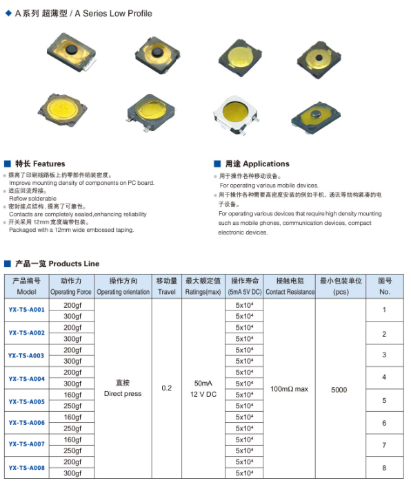 轻触开关规格型号大全手册下载