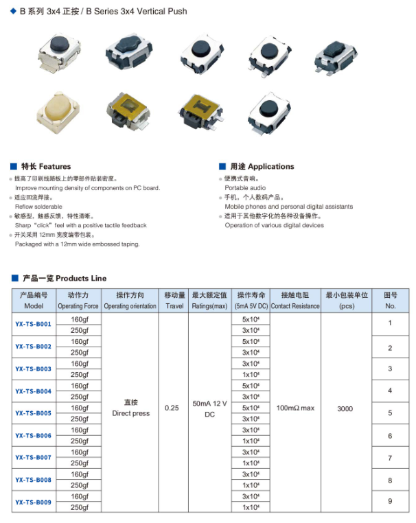 轻触开关规格型号大全手册下载