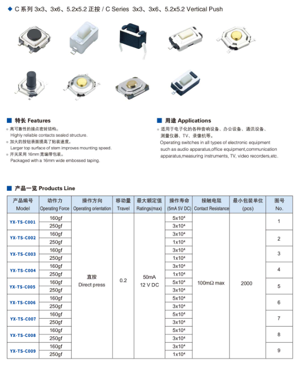 轻触开关规格型号大全手册下载