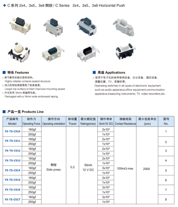 轻触开关规格型号大全手册下载