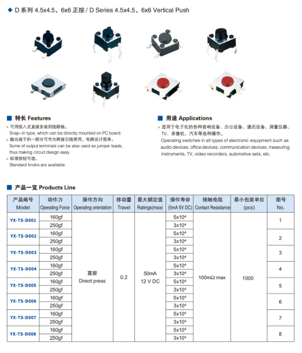 轻触开关规格型号大全手册下载